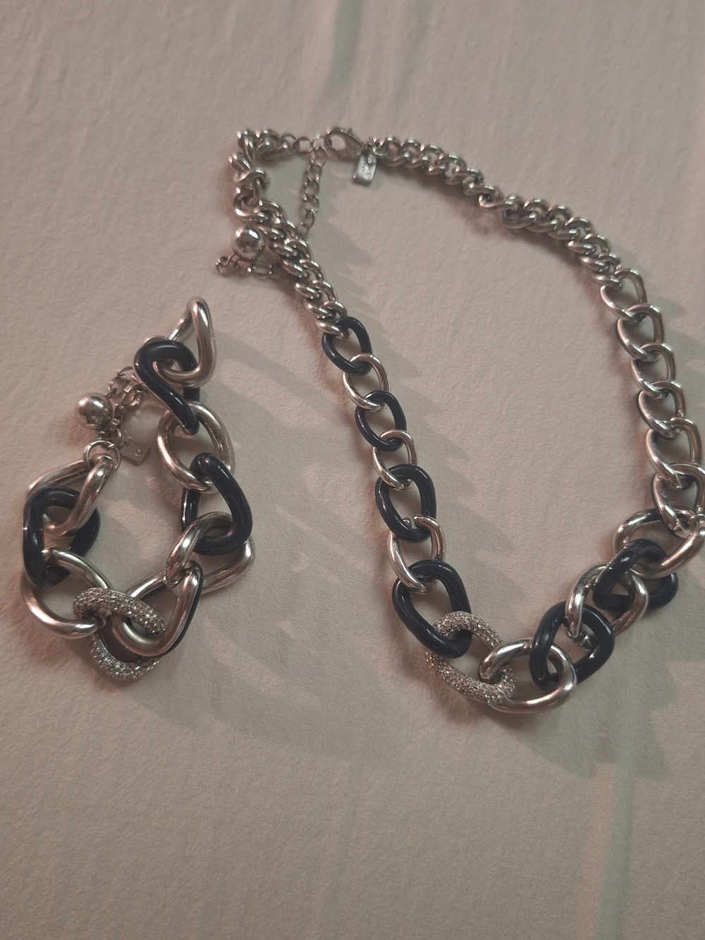 Michael Kors Iconic Links Pavé Black Silver Necklace Bracelet Set Rare